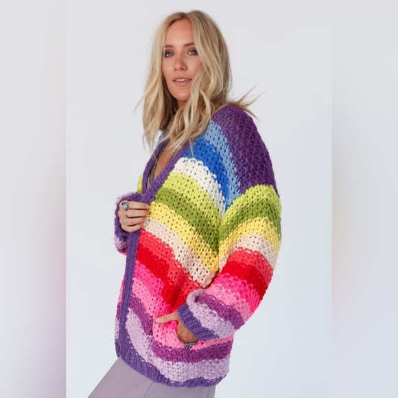 THREE BIRD NEST Wrapped in Color Chunky Knit Bright Colorful Cardigan Small VGUC - Picture 2 of 13